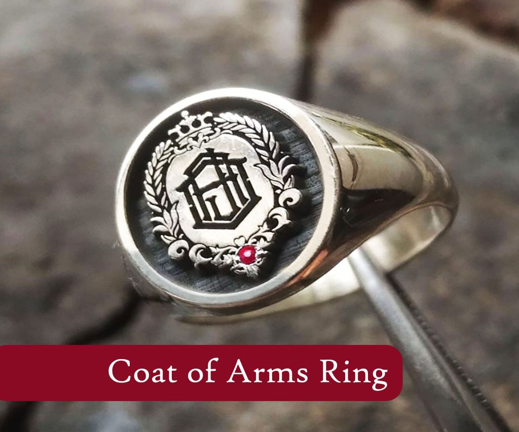 Handmade Family Crest Ring: Custom Coat of Arms, Ruby Gemstone