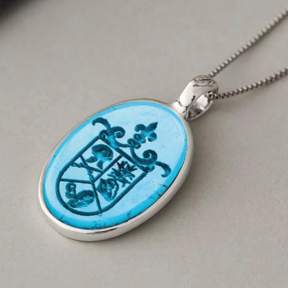 Custom Family Crest Necklace: Turquoise Intaglio, Coat of Arms Pendant