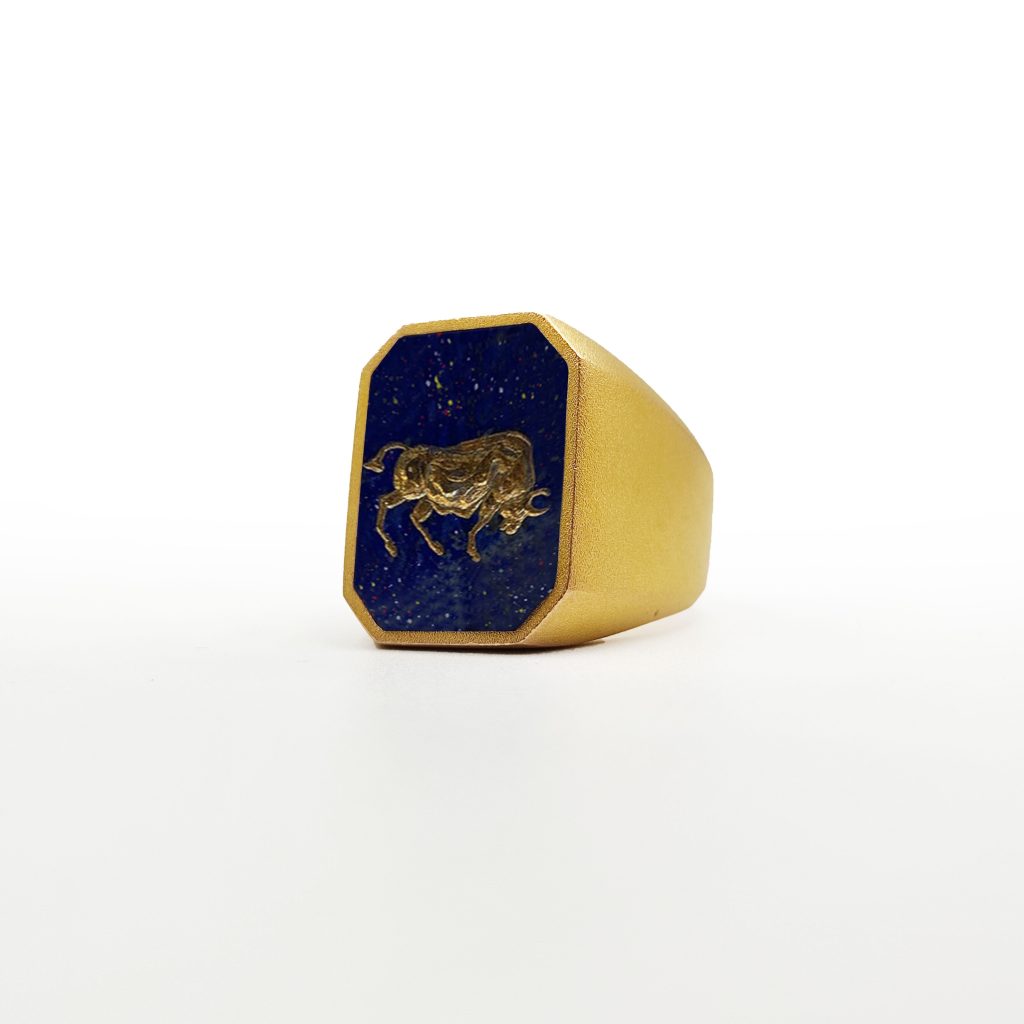 Hand Carved Gold Bull Signet Ring - Lapis Lazuli Stone
