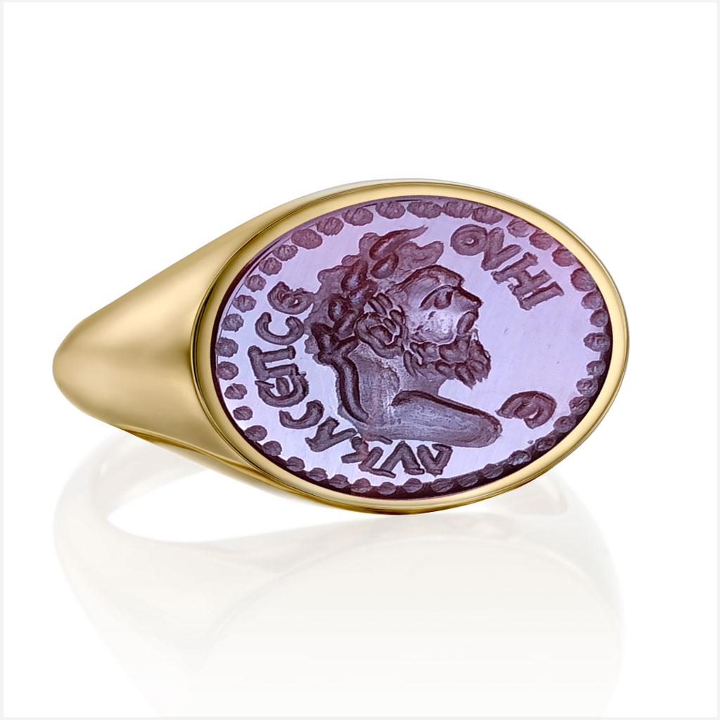 Hand Carved Carnelian Intaglio Signet Ring - Roman Style Gold Seal Band