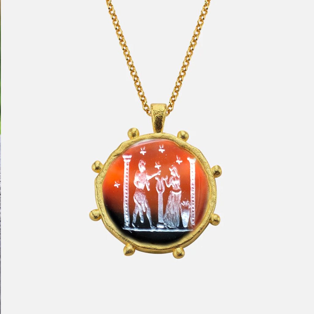 Hand-Carved Intaglio Gemstone Pendant: Ancient Roman Style Gold Medallion