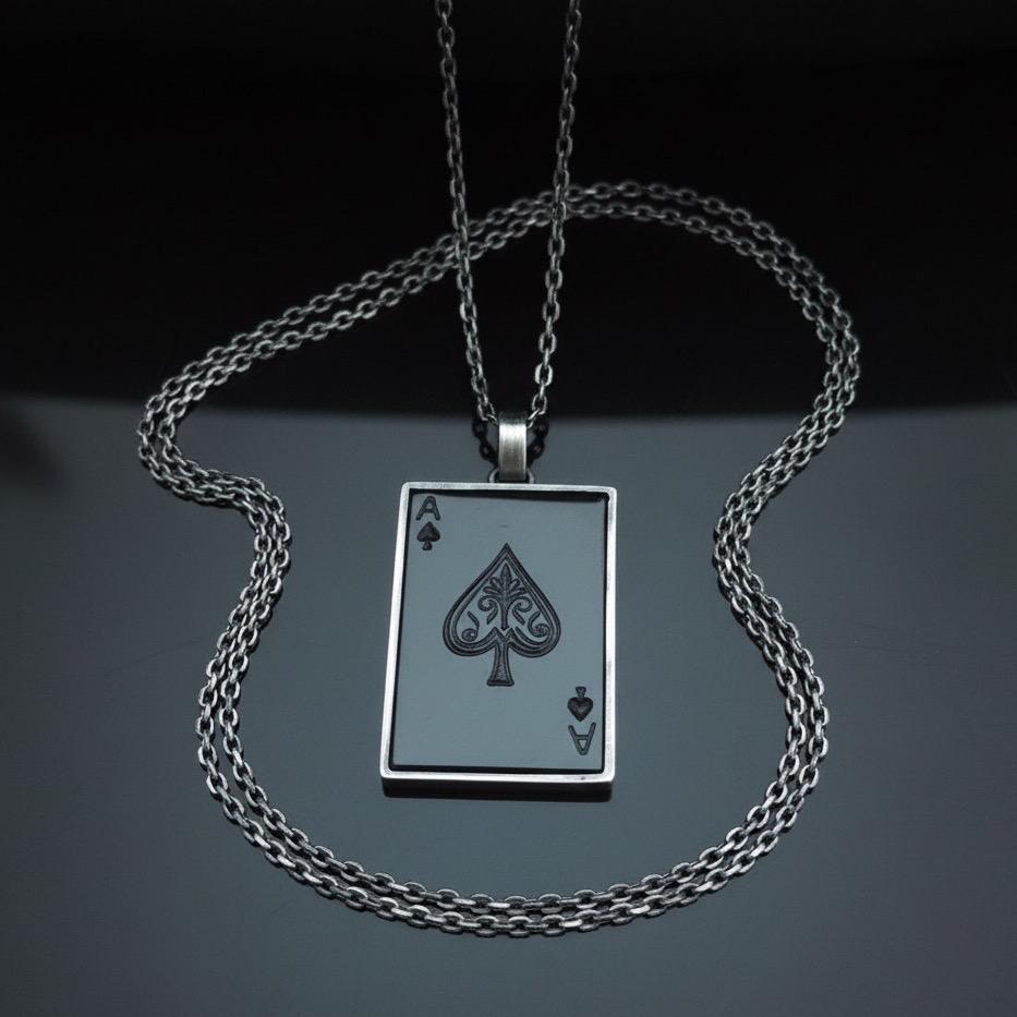 Hand Carved Black Stone Ace of Spades Pendant: Gothic Card Player Necklace