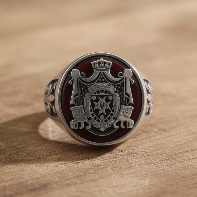 Handcrafted Coat of Arms Signet Ring: Custom Crest, Gemstone Options