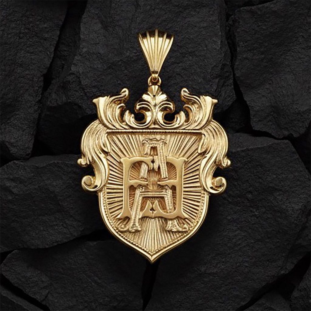 Custom Gold Monogram Crest Pendant Necklace: Personalized Initial Heraldic Shield