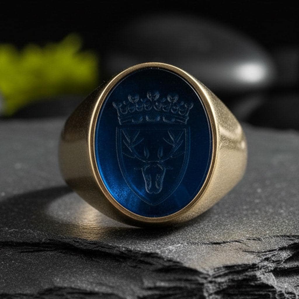 Custom Family Crest Gemstone Signet Ring - Natural Blue Stone -  Personalized intaglio seal Band