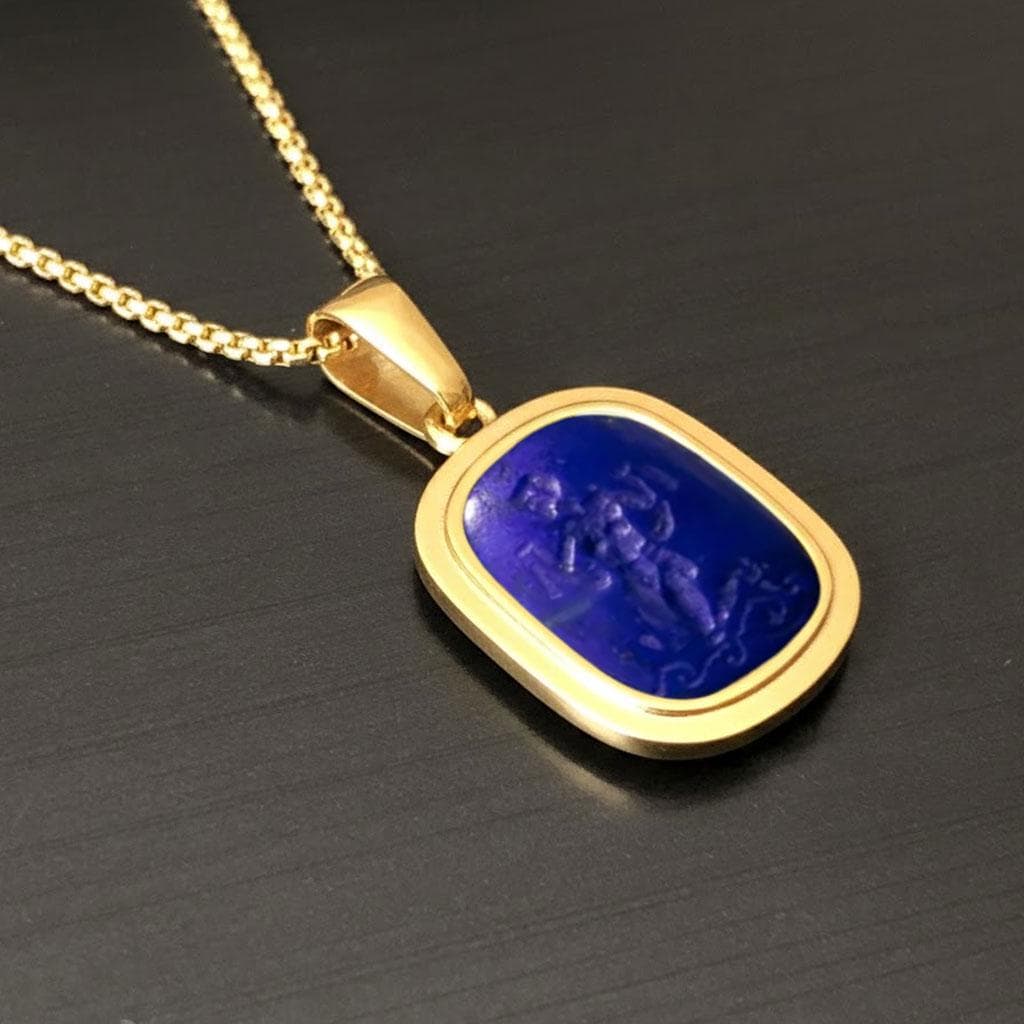 Lapis Lazuli Custom Carving Antique Pendant , Vintage Style