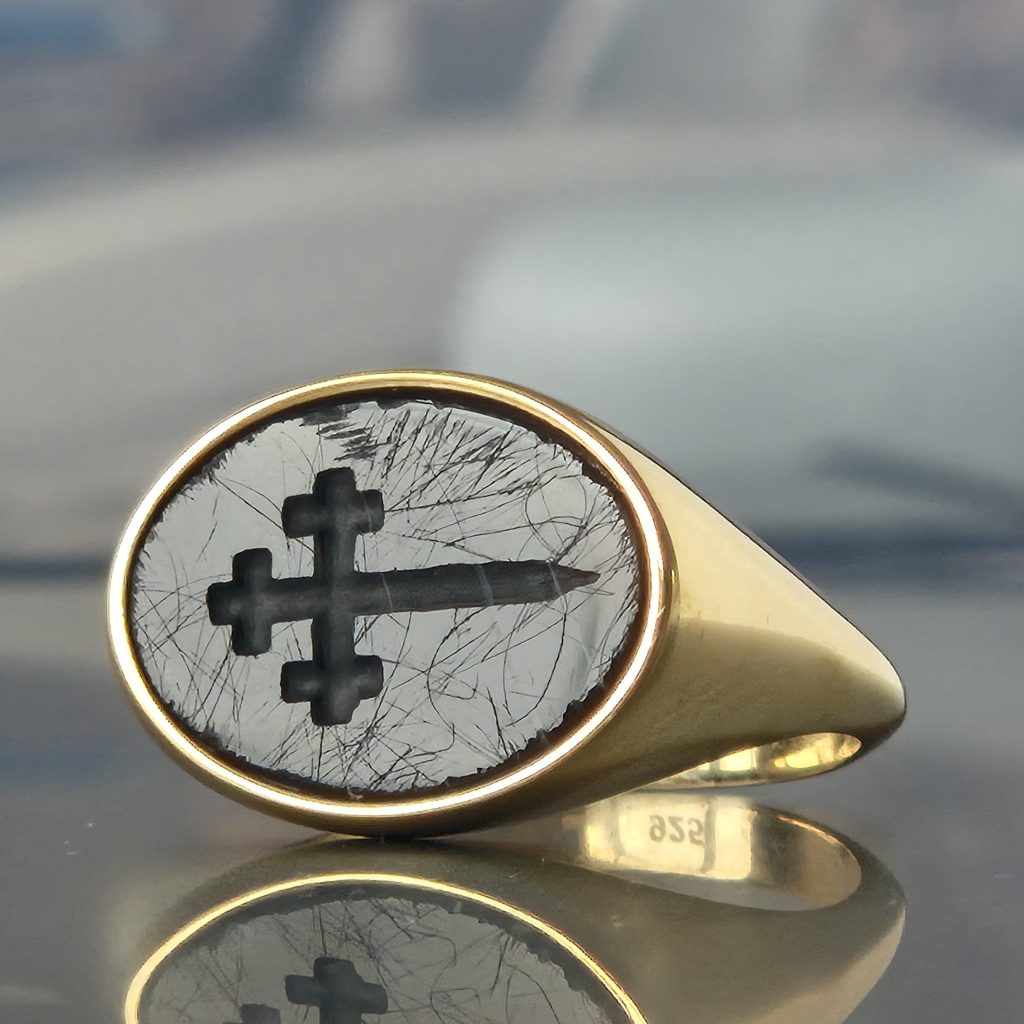 Hand Carved Intaglio  Old Style Signet Ring - Cross Style Gold Seal Band