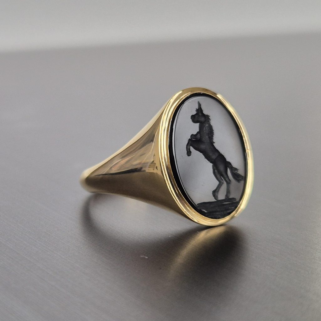 Hand-Carved Signet Ring:  Solid Gold and Sterling Silver Antique Style