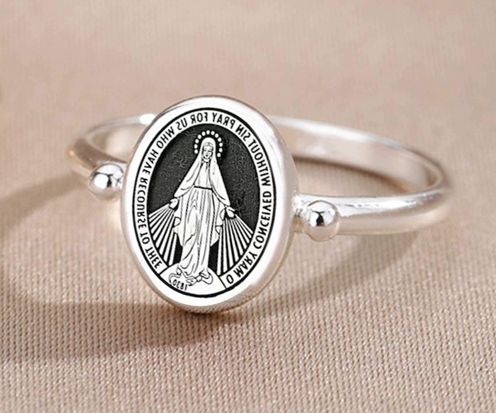 Virgin Mary Sterling Silver Ring: Custom Family Crest