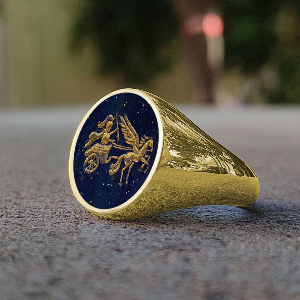 Roman & Byzantine Symbols – Hand Carved Signet Ring in Lapis Lazuli Stone, Intaglio Ring
