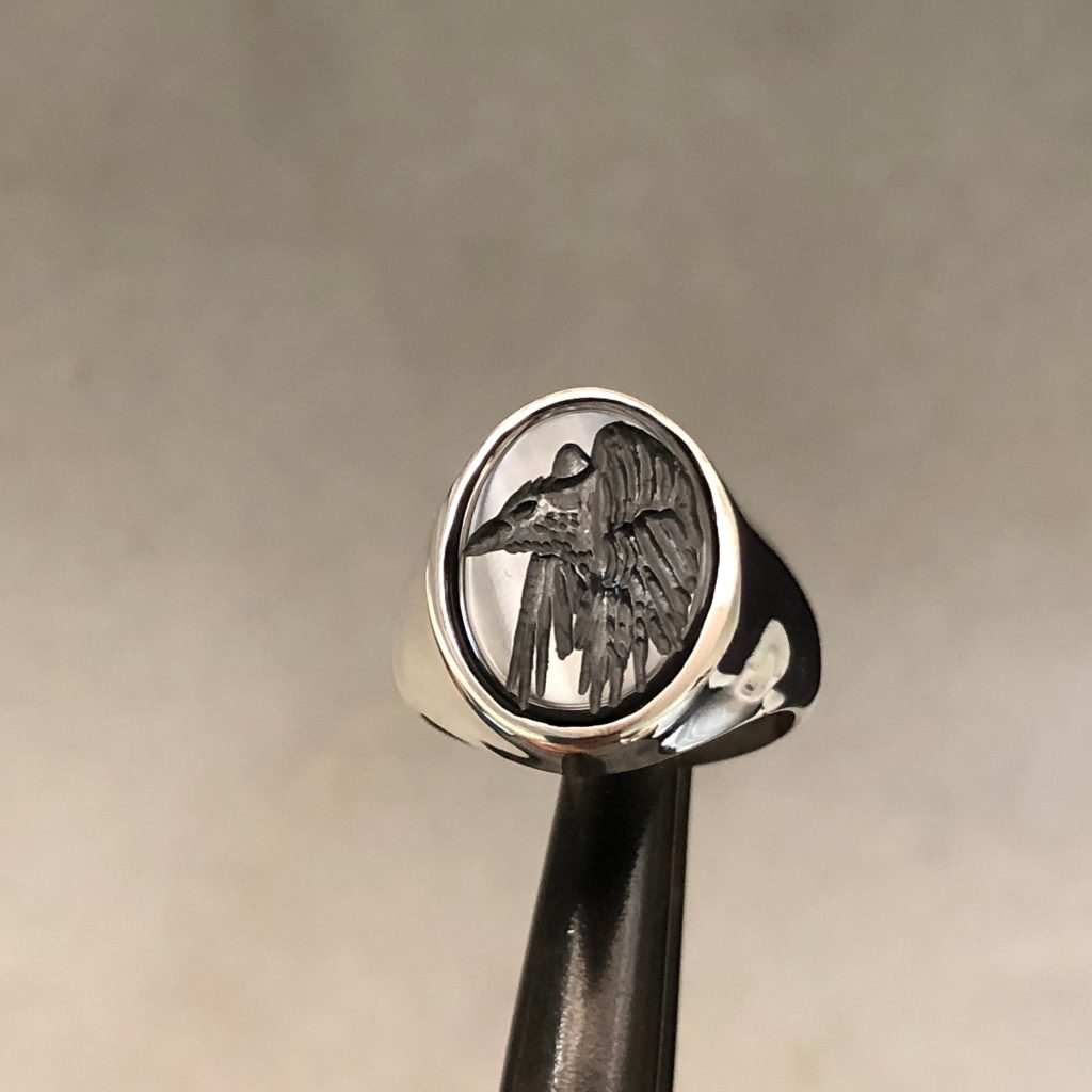 Carved Crow Gemstone Signet Ring – Viking Symbol Intaglio