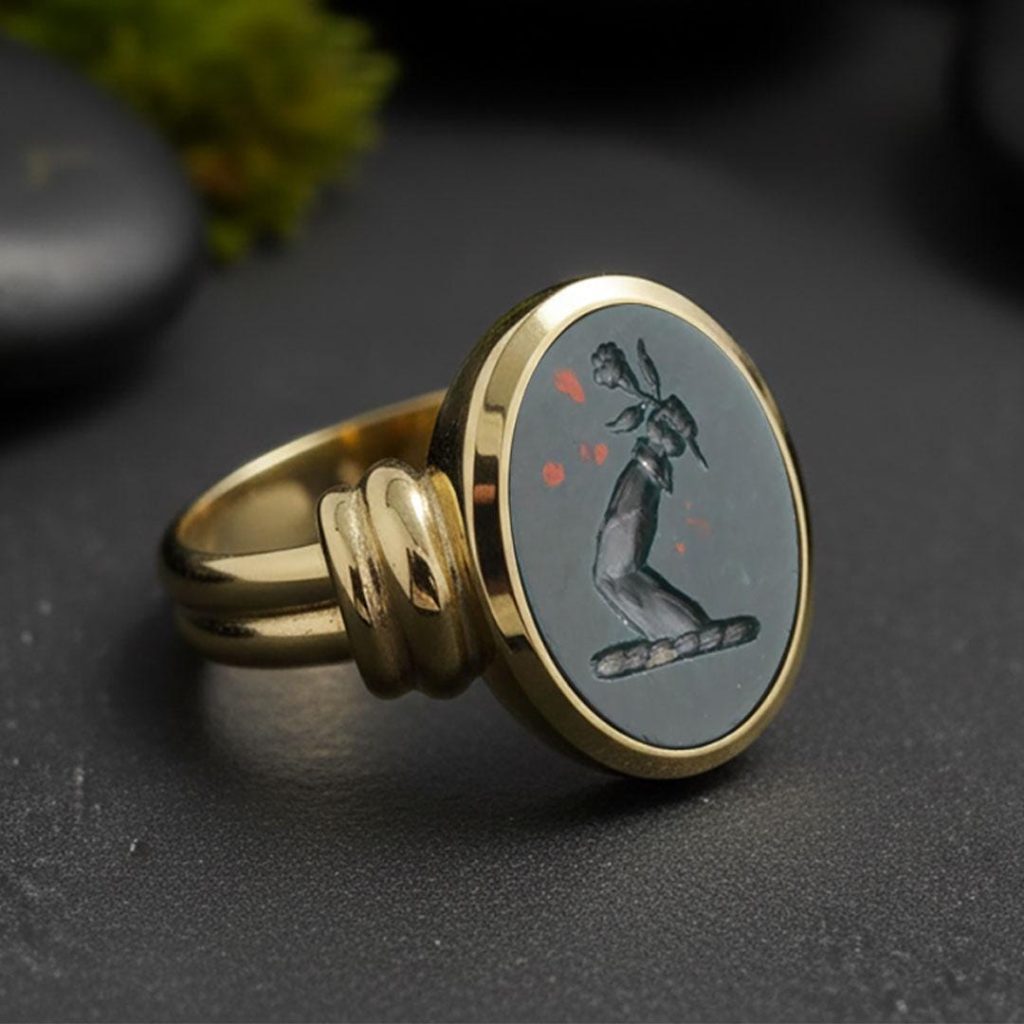 Hand-Carved Bloodstone Intaglio Signet Ring: Gold-Plated Antique Style