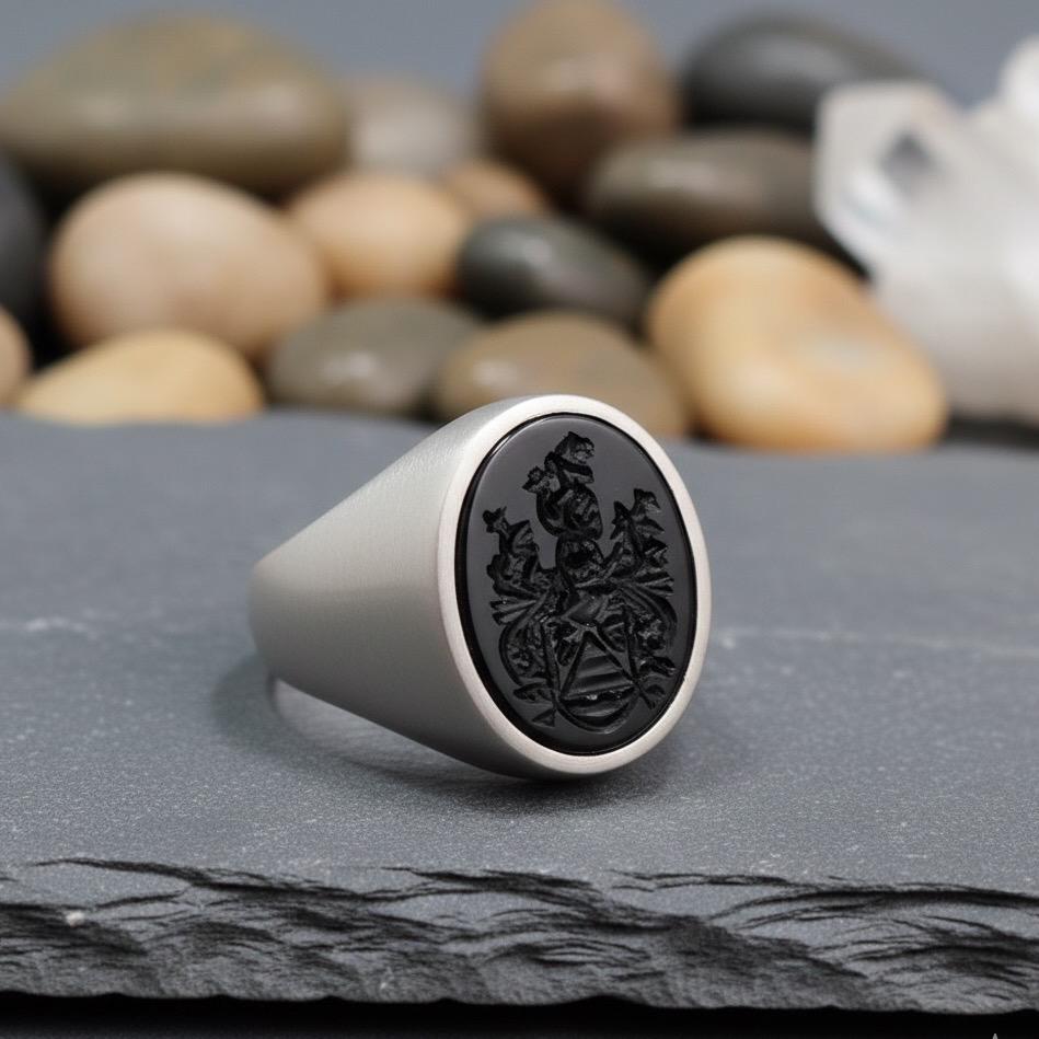Custom Carved Gemstone Signet Ring – Intaglio Seal with Family Crest or Personal Symbol