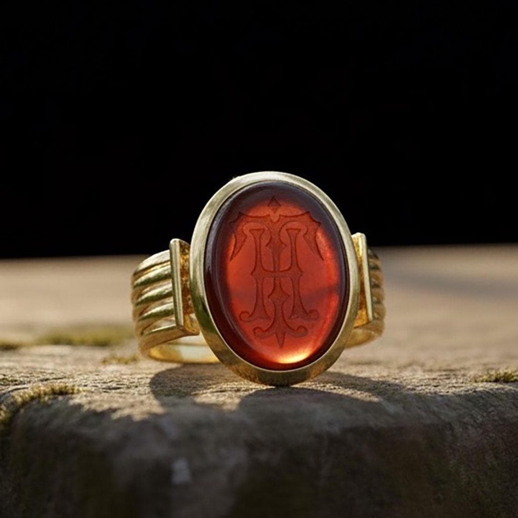 Hand Carved Carnelian Intaglio Signet Ring: Gold-Plated Initial Ring