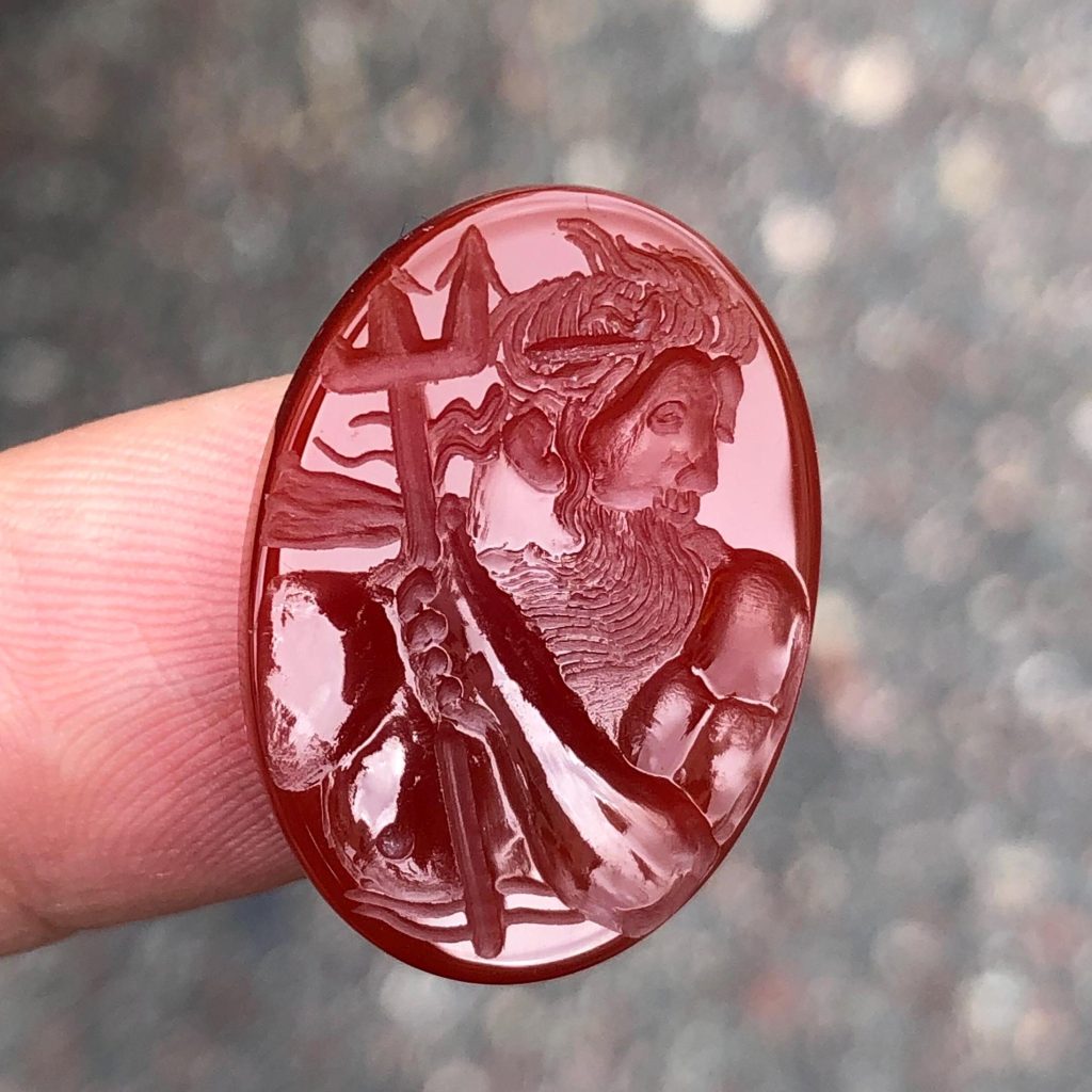 Sovereign of the seas Poseidon Intaglio, Agate Engraving, Handmade Gem Carving