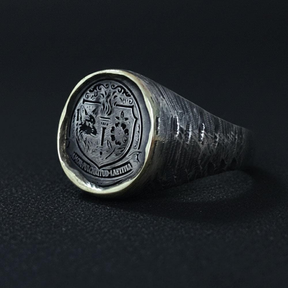 Custom Crest Signet Antique Ring: Oxidized Sterling Silver, Family Logo Jewellery