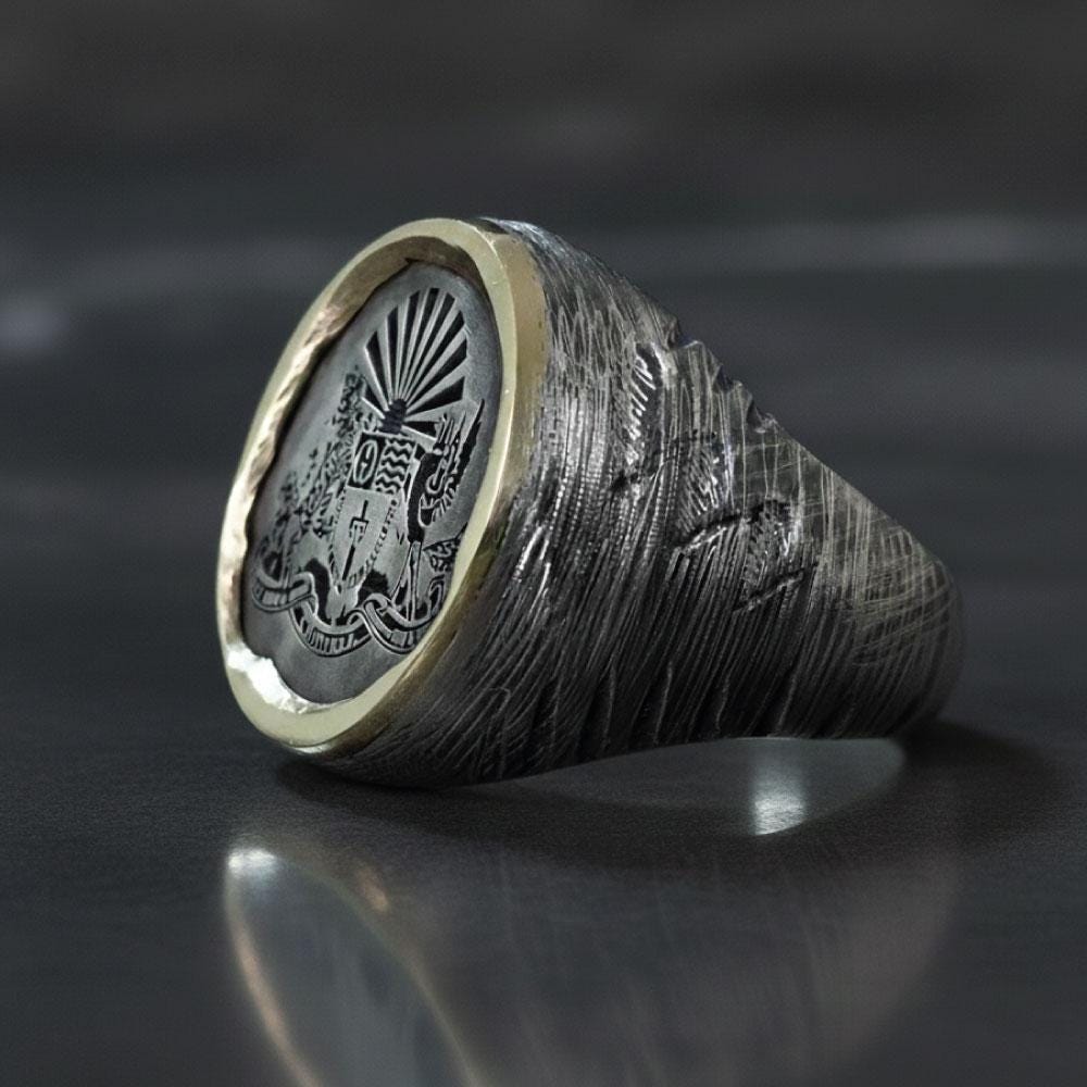 Personalized Family Crest Signet Antique Ring: Oxidized Sterling Silver, Coat of Arms Jewellery