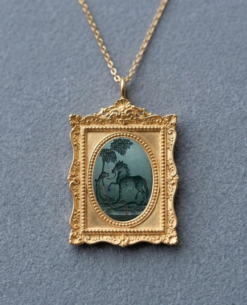 Art Frame Intaglio Custom Gift Necklace, Carving Vintage Style Pendant, Engraving Victorian jewelry