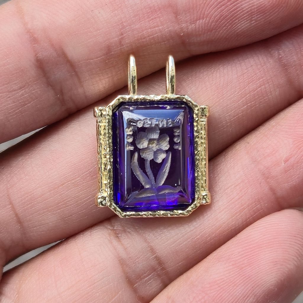 Custom Carved Amethyst Stone Pendant Necklace, Vintage Style