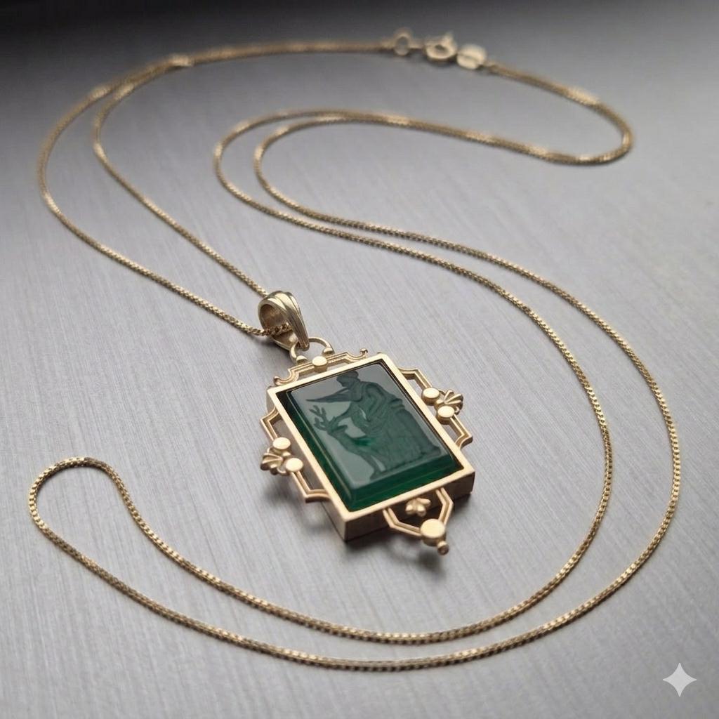 Personalize Green Agate Intaglio Carving, Victorian jewelry Personalize Pendant ,Valentine’s Day – Gift for Loved Ones